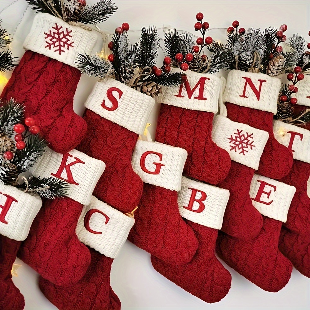 

1pc, Knitted Letter Christmas Socks, Home Christmas Tree Ornaments, Christmas Decoration, Red Christmas Socks, Gift Bag, Used For Christmas Theme Dress Up