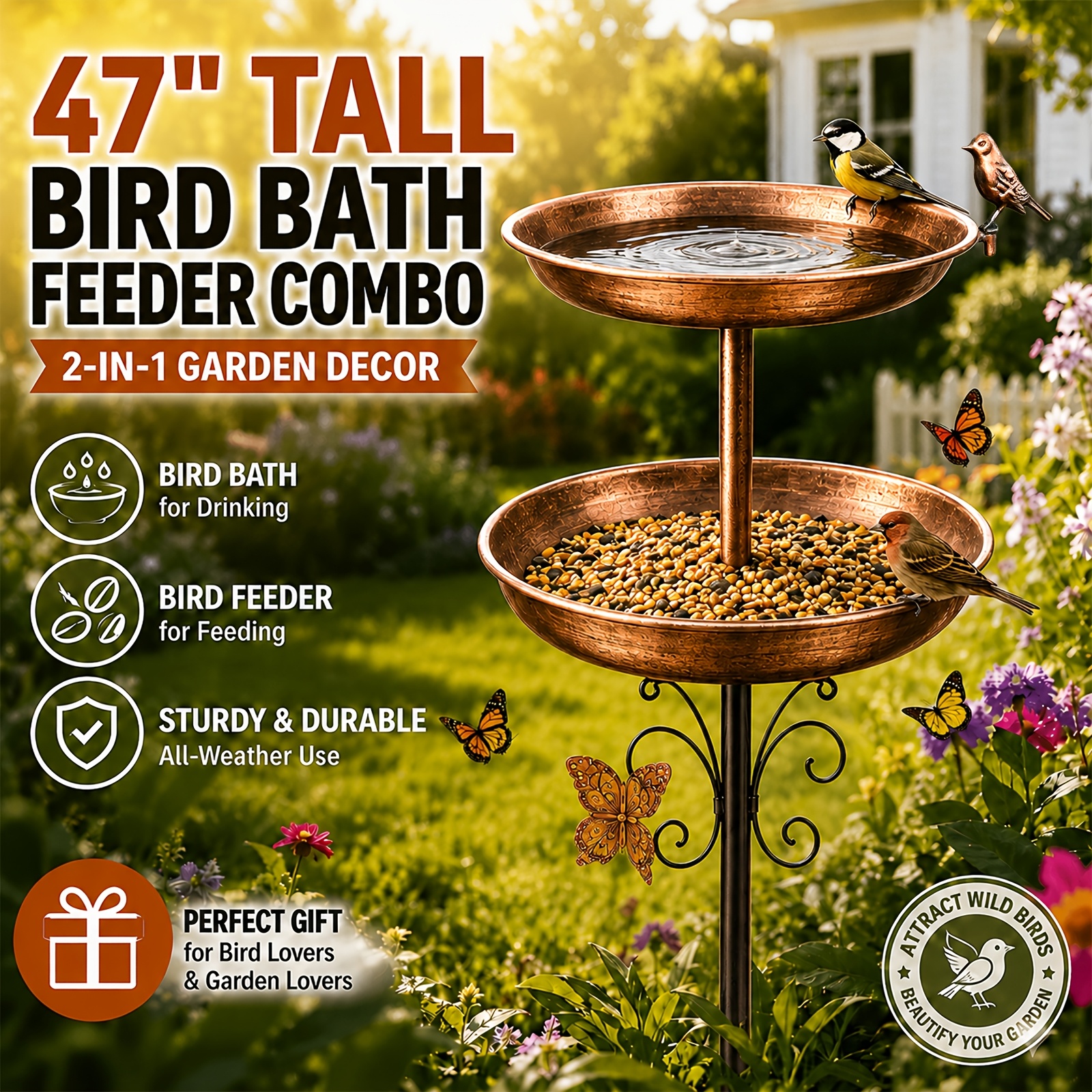 TEMU 47 Inch Heavy-duty Metal Double-layer Bird Bath Tub - 9.84 Inches Inches Double-layer Large Capacity Water Collection Feeding Basin, 5-claw ,