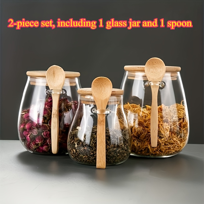 

2pcs Set Including Glass Jar * 1, Spoon * 1, Transparent Glass Jar, Sealed Storage Jar For Mixed Grain Snacks, Coffee Beans, Sugar, Tea, Salt, Candy, Spice Storage Jar, Small Tool