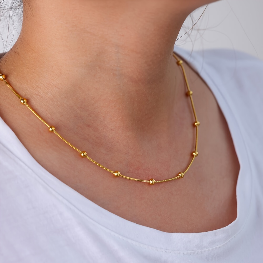 1pc Simple Elegant Vintage Style Stainless Steel Beaded Round Snake Chain Necklace Bracelet Set, Suitable For Daily Wear, Number Of Beads
