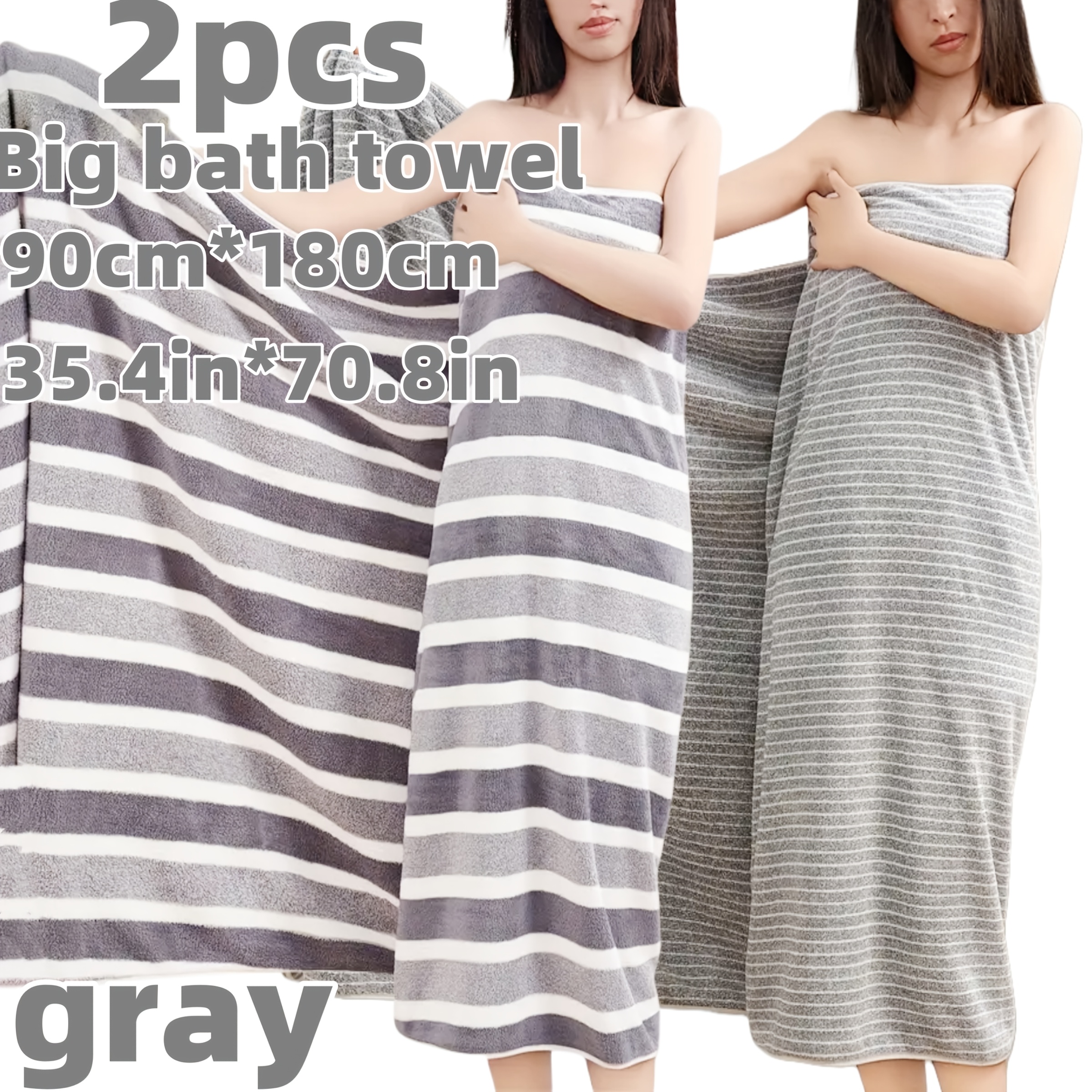 TEMU 2pcs Striped Large Bath Towels 35.4" X ", 100% Coral Fleece Bathroom Set, Durable Soft Absorbent , Perfect For Families, Extra-large Striped