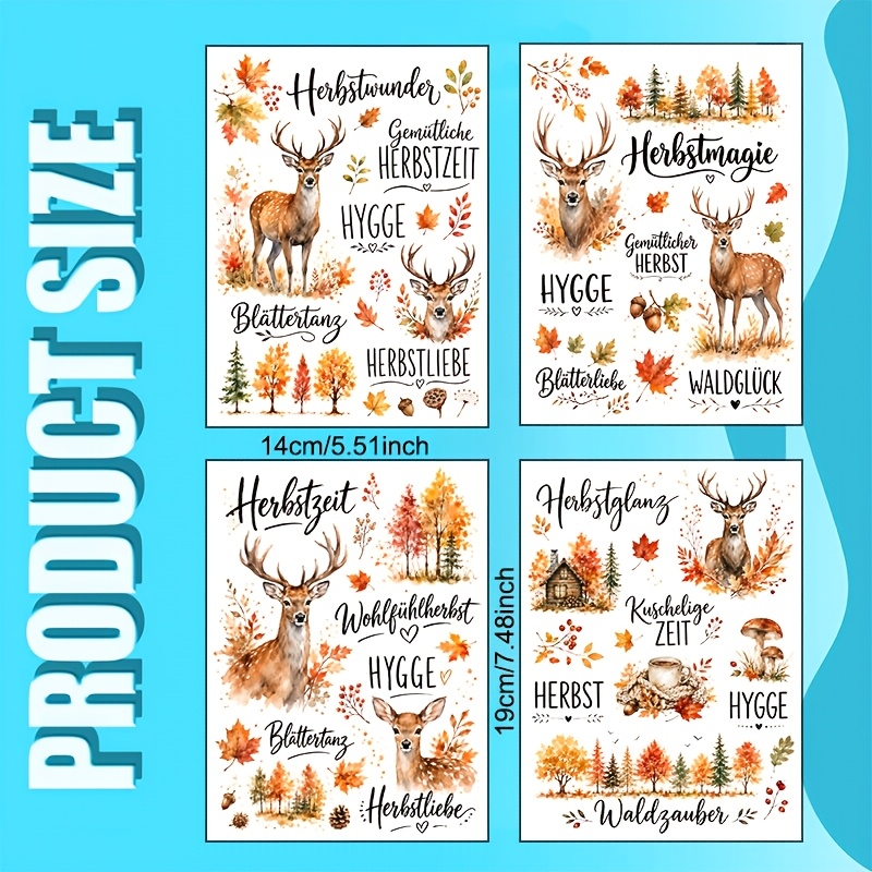 TEMU 4pcs Elk German Autumn Quotes Vinyl Uv Dtf Transfer, Suitable For Cups, 16oz Glass Tumblers, Coffee Mugs, Ceramics, Computers, Phone Case