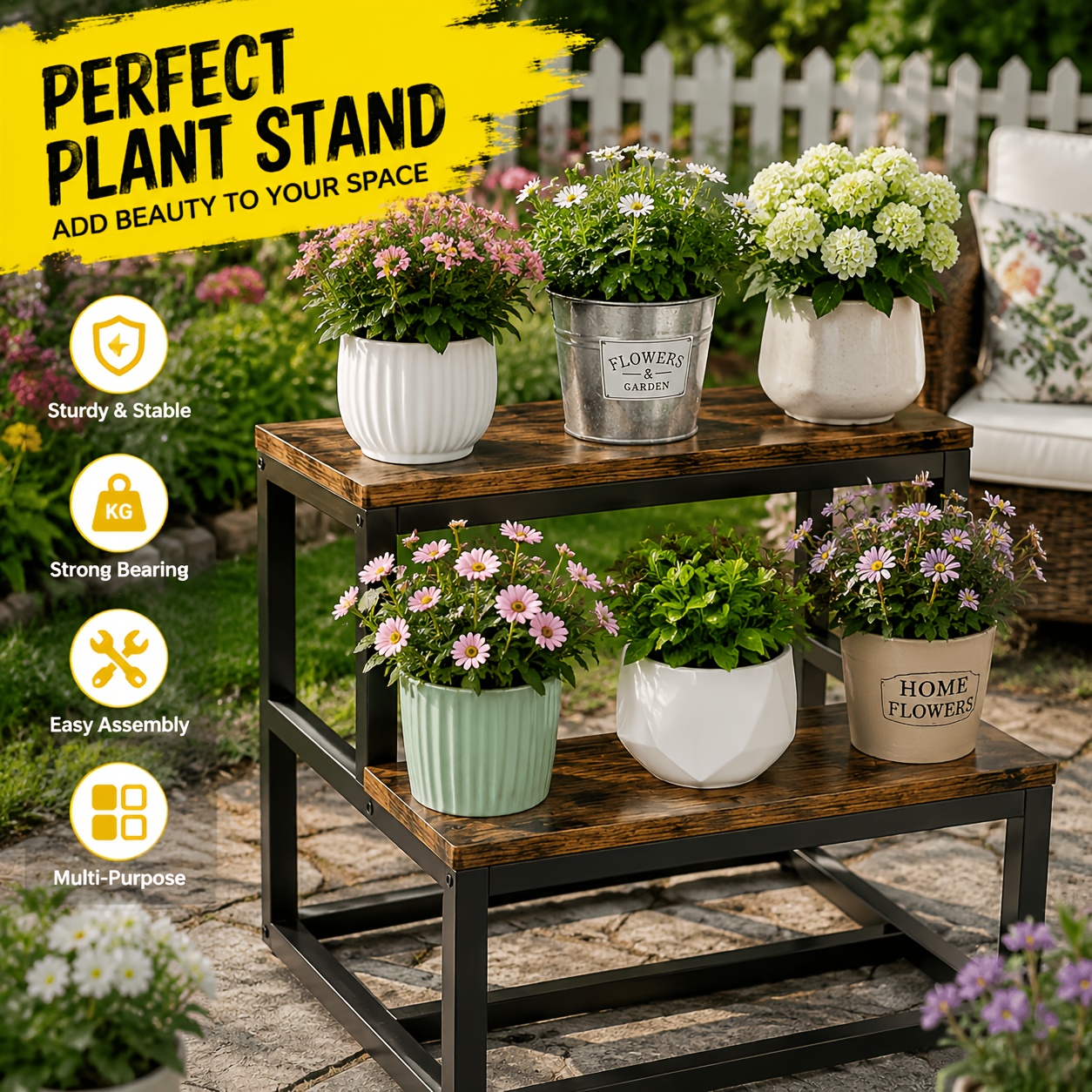 TEMU 600lbs Heavy Duty 2 Tier Plant Stand & Folding Step Stool, Rustic Wooden Garden Shelf With Metal Frame, Outdoor Flower Display Rack For Patio,