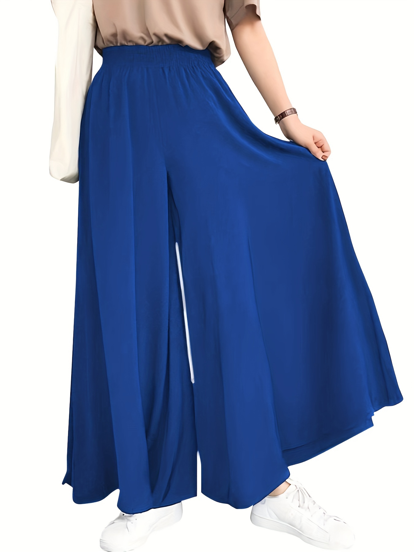 Plus Size Women's Elegant Casual Wide-Leg Pants with Elastic Waist & Smocking Detail - Solid Color Non-Stretch Fabric, Middle Eastern-Inspired Design for All-Season Versatile Wear