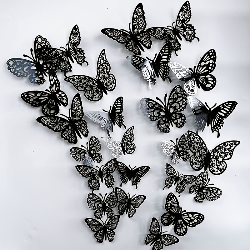 E-shop 36 Stück Schwarze Schmetterling Wanddekorationen - 3D Papierkunst Schmetterling Wandbild, 6 Stile & 3 Größen, Abnehmbare Wandaufkleber für