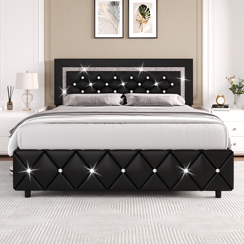 TEMU Hombck Twin, Full, Queen, King Bed Frames, Adjustable Headboards, Princess Platform Beds With Diamond Design, Halloween Decorations, Wooden Slat