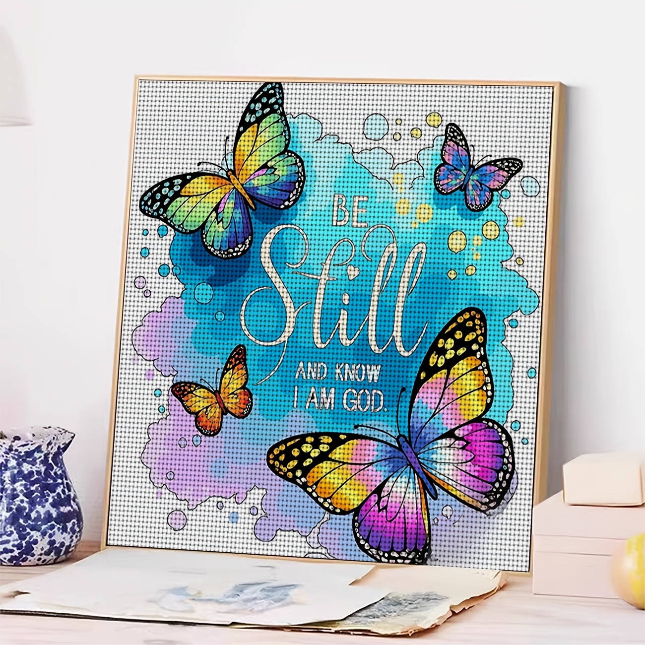 Cross Stitch Printed Kit, Frameless Colorful Butterfly Watercolor Pattern