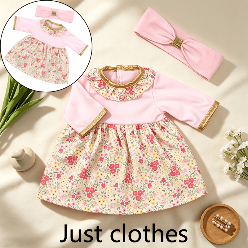 TEMU -style Doll Dress With Floral Print (doll Not Included), Featuring A Gold-sequin Headband, Collar, And Full, Floral-print Puffy Skirt—elegant,