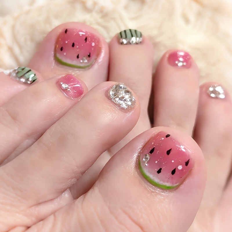 TEMU 24pcs Nouvelles Ongles Pressés d'Été Rafraîchissants de Pastèque avec Décorations Mignonnes pour Femmes et