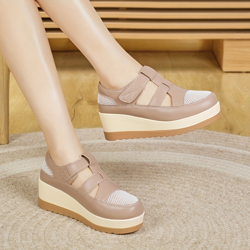 sandalias   transpirables para mujeres - zapatos de cuña de   gruesa y correa de tobillo,   y beige, puntera redonda cómoda para ropa casual 1