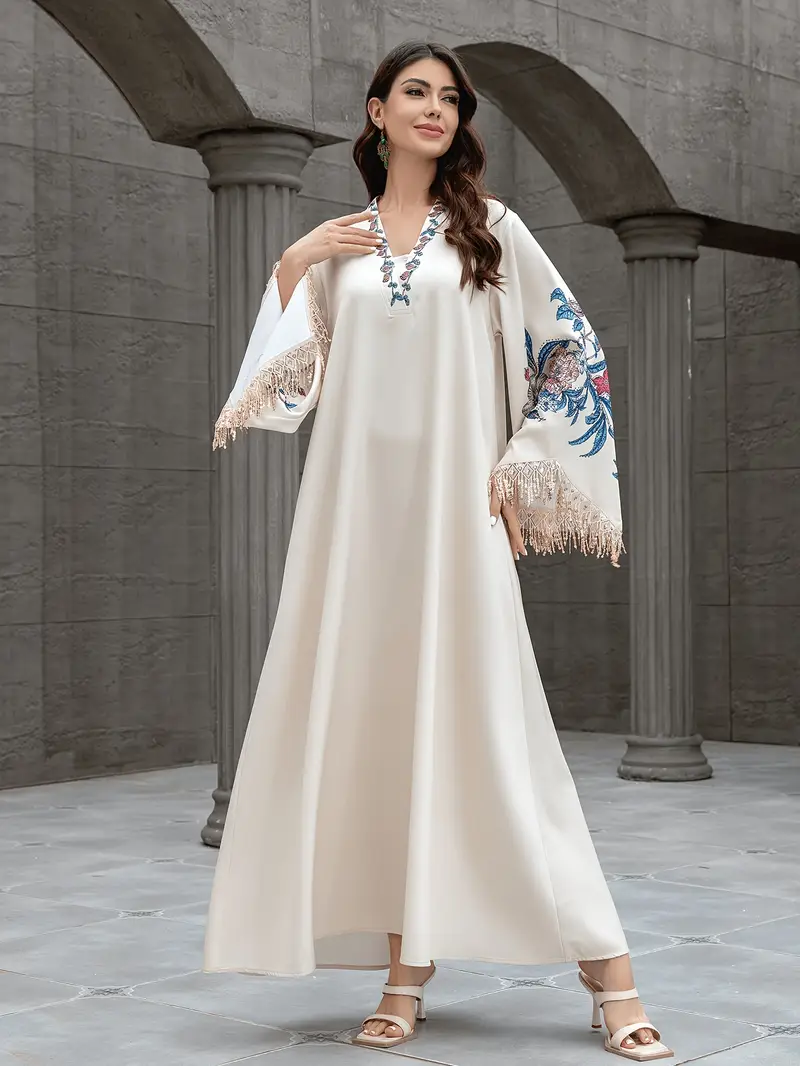 white long sleeve tassel dress Long Sleeve Novelty Fabric Tassel Trim Dress - White