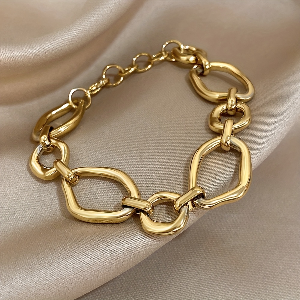TEMU Stainless Steel Irregular Chain Link Bangle Bangle Bracelet, For Men And Women, Geometric Oval Chain Design, Retro- For Street & Retro Parties