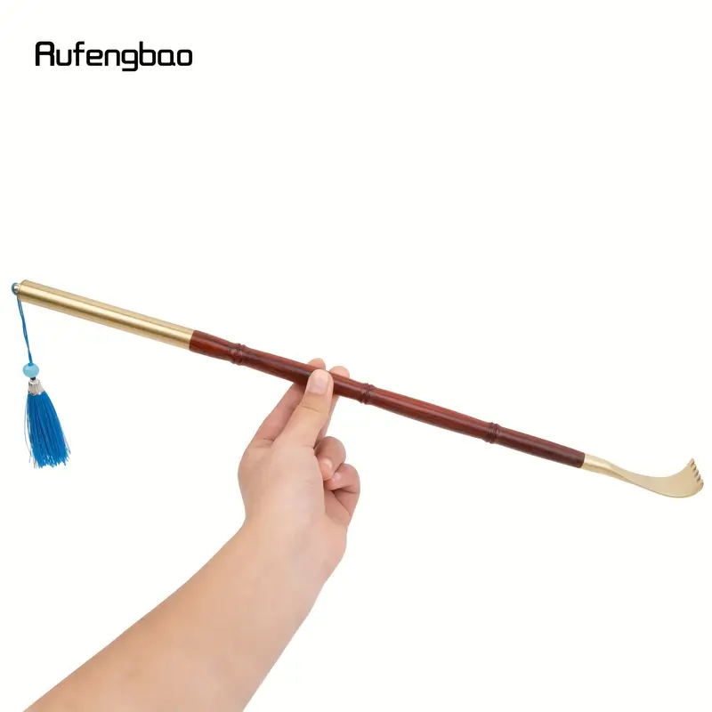 wooden scratcher back massager ergonomic handle with blue ribbon smooth curved design for reach areas durable red golden for personal use tool selfmassage aid elegant personal care polished wood durable wood craft wood home relaxation Product details 8