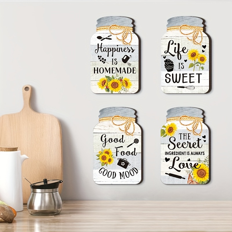 2D Flat, 2D Flat Plane, 4pcs Set - 2D Flat Printed Sunflower Kitchen Decor Wooden Hanging Sign, Wall Hanging, Rustic Style Aesthetic, 2D Flat