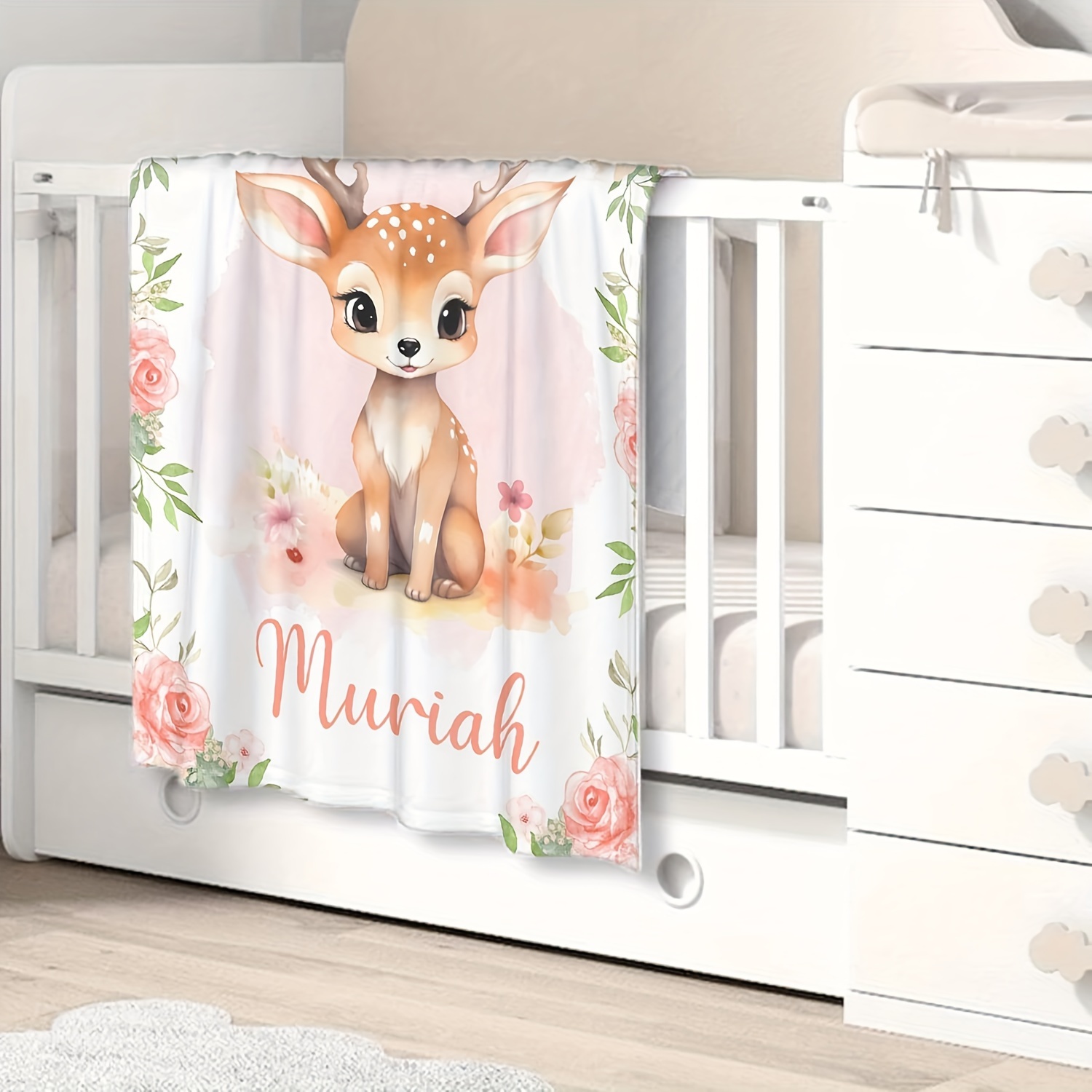 TEMU Customizable Contemporary Flannel Deer & Floral Throw Blanket - Hypoallergenic , Machine Washable, , Personalized Name For Gifting, Multipurpose
