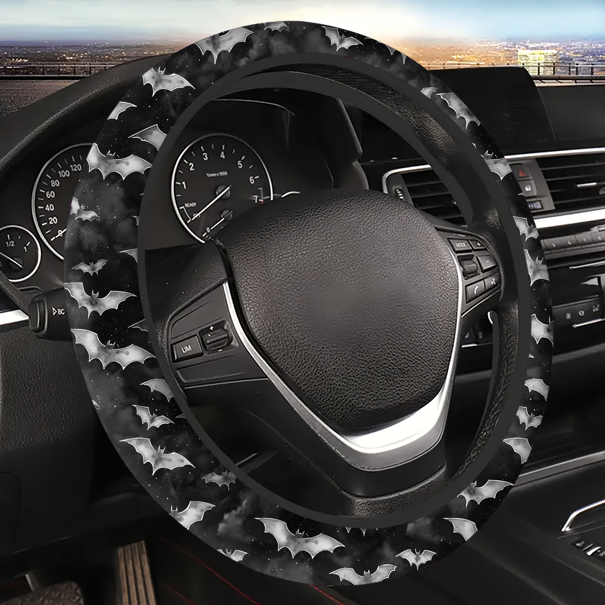 Image of 1pc Inner-ring-free Steering Wheel Cover, Halloween Gift, Bat Print Pattern, Universal 15-inch Steering Wheel Cover, Car Suv Decoration