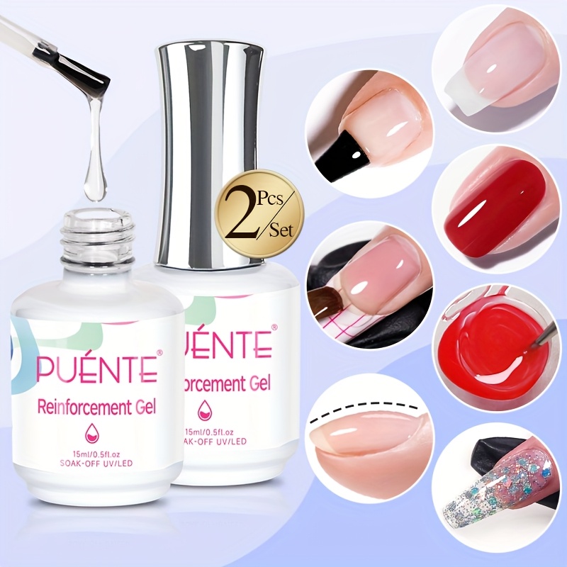 Image of Puente 2pcs 7-in-1 Reinforcement Gel Nail Polish Set, Base Coat, Quick Extension, , Color Fixation, /led Soak Off, Long-lasting Strengthener For Adults, 15ml Nail Builder Gel Kit, Gel Nail Polish