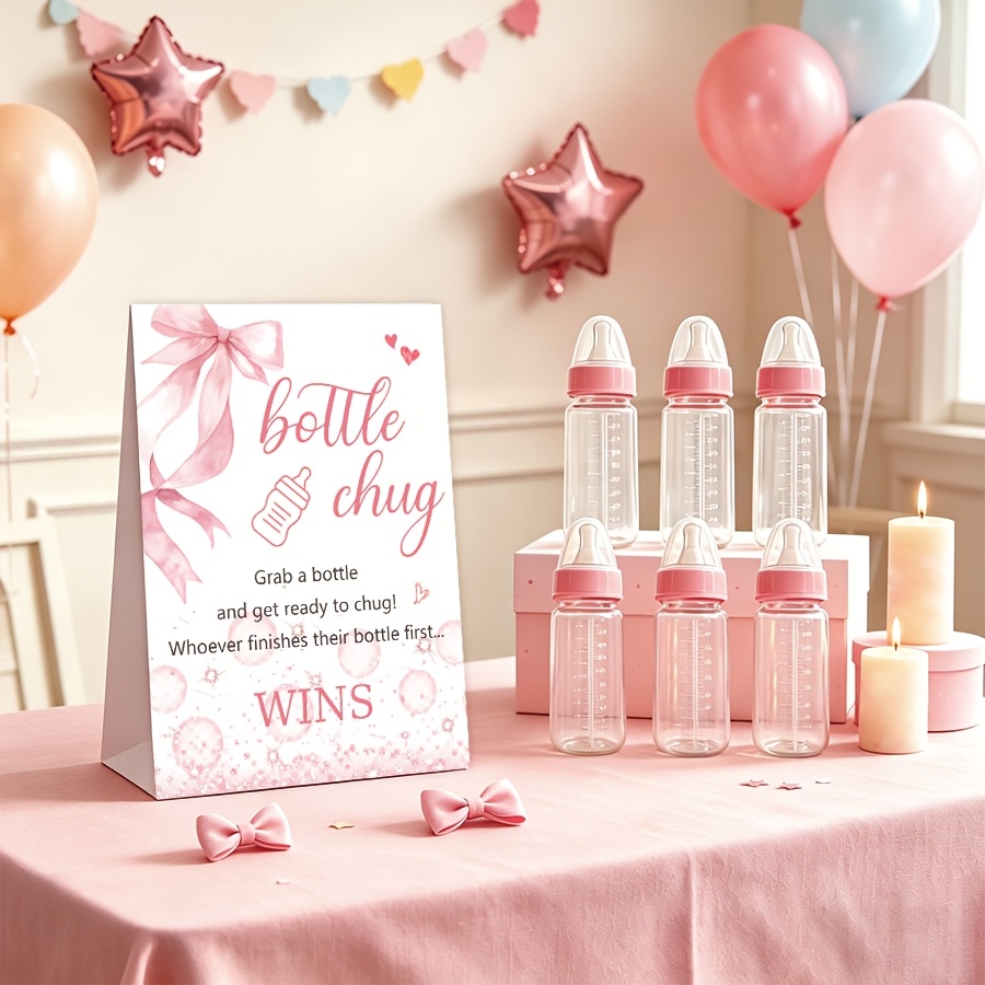 TEMU Watercolor Pink Bow Milk Bottle Game Gift Pack, Includes 1pc Desktop Game Stand And 6pcs Milk Bottles, Baptism Party Competition Decoration,