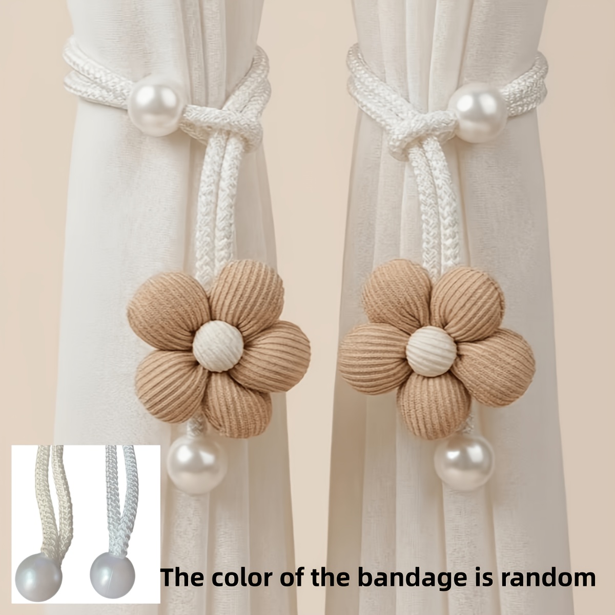 TEMU 2pcs Set Beige Floral Woven Rope Curtain Tiebacks For Home Decor, Pearl-embellished Curtain Holdbacks, Suitable For Living Room And Bedroom