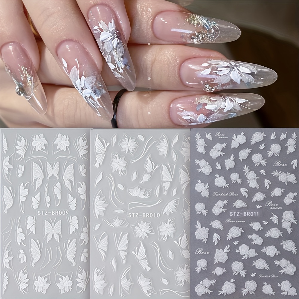 

8 Sheet White Flower Butterfly Design Nail Art Stickers, Self Adhesive Nail Art Decals For Nail Art Decoration, Nail Art Supplies For Women And Girls