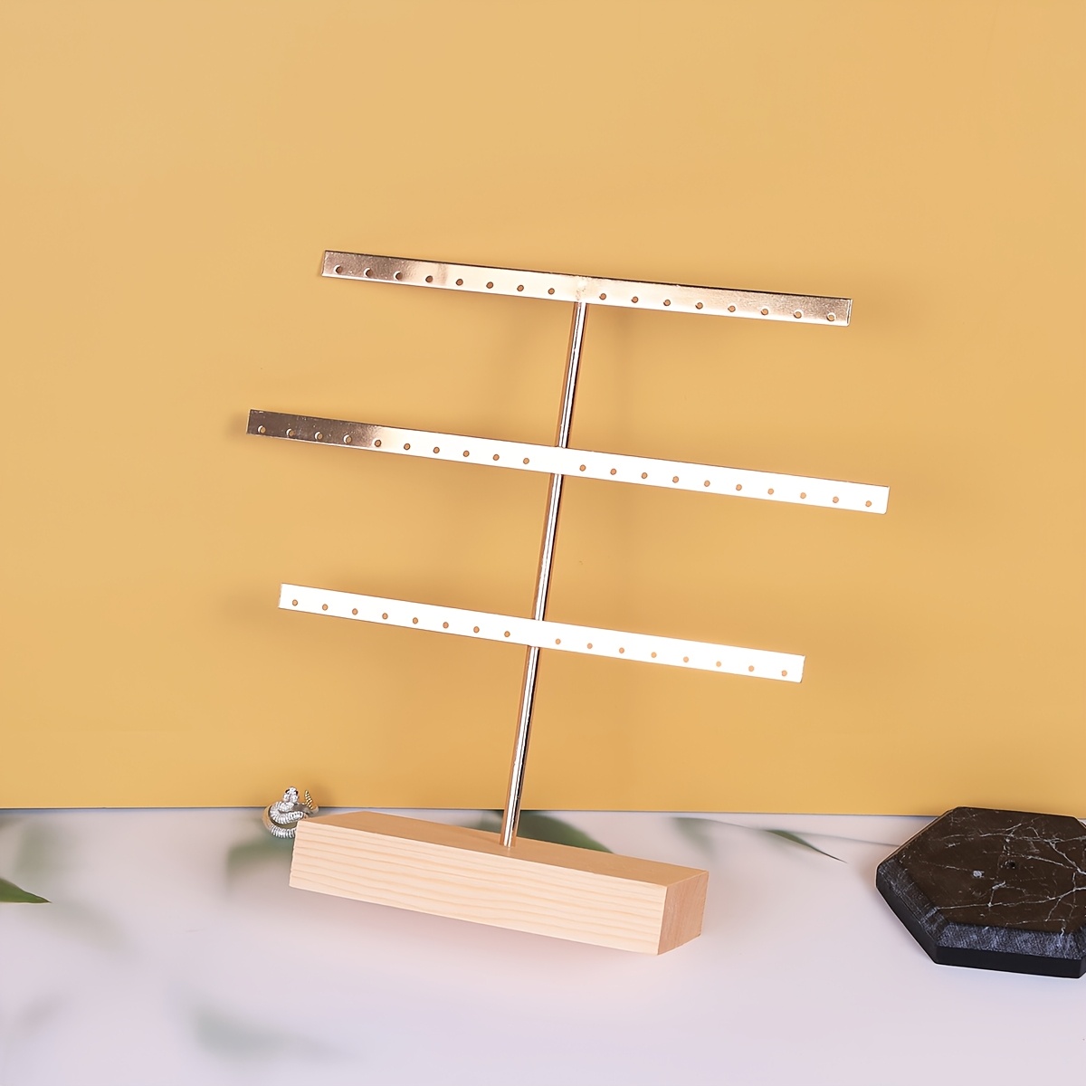 TEMU A 3-layer Metal Jewelry Rack With Solid Wood Base, Golden Luxury Countertop Jewelry Display Stand, Household Earring Stud Storage Rack,