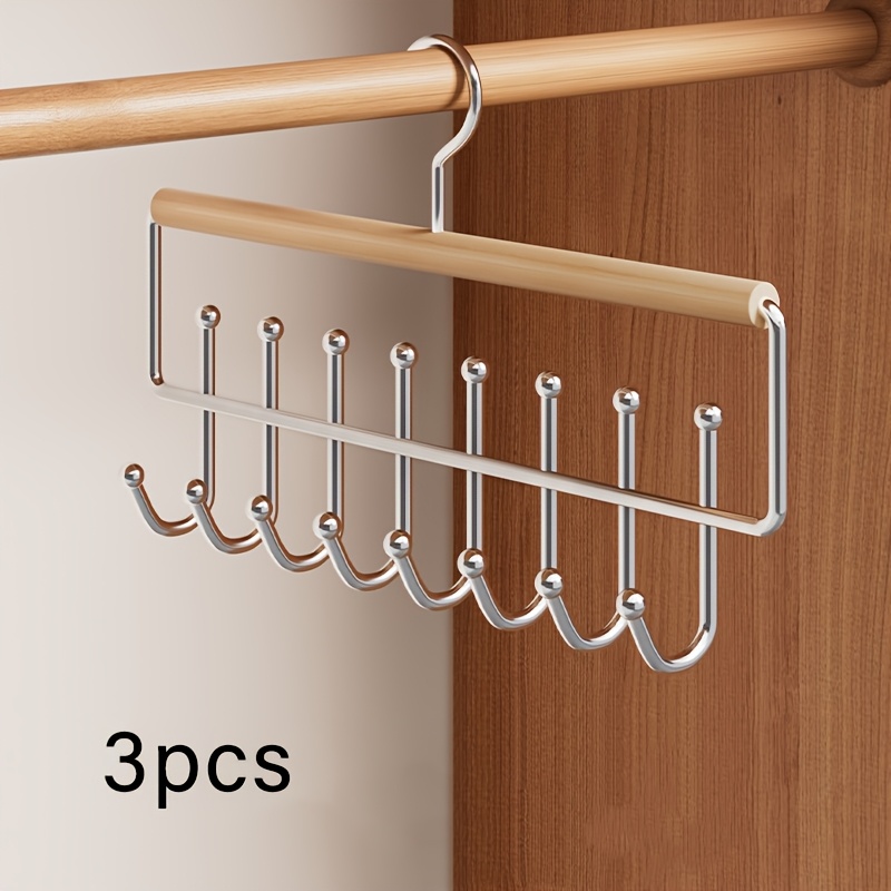 Image of 3pcs 8-hook Wooden Tie Hanger, Multifunctional Scarf Belt Organizer For Closet, Bamboo Looking For Bedroom, Dorm Room, Apartment, Space- Double Row Hat Hanger For Wardrobe