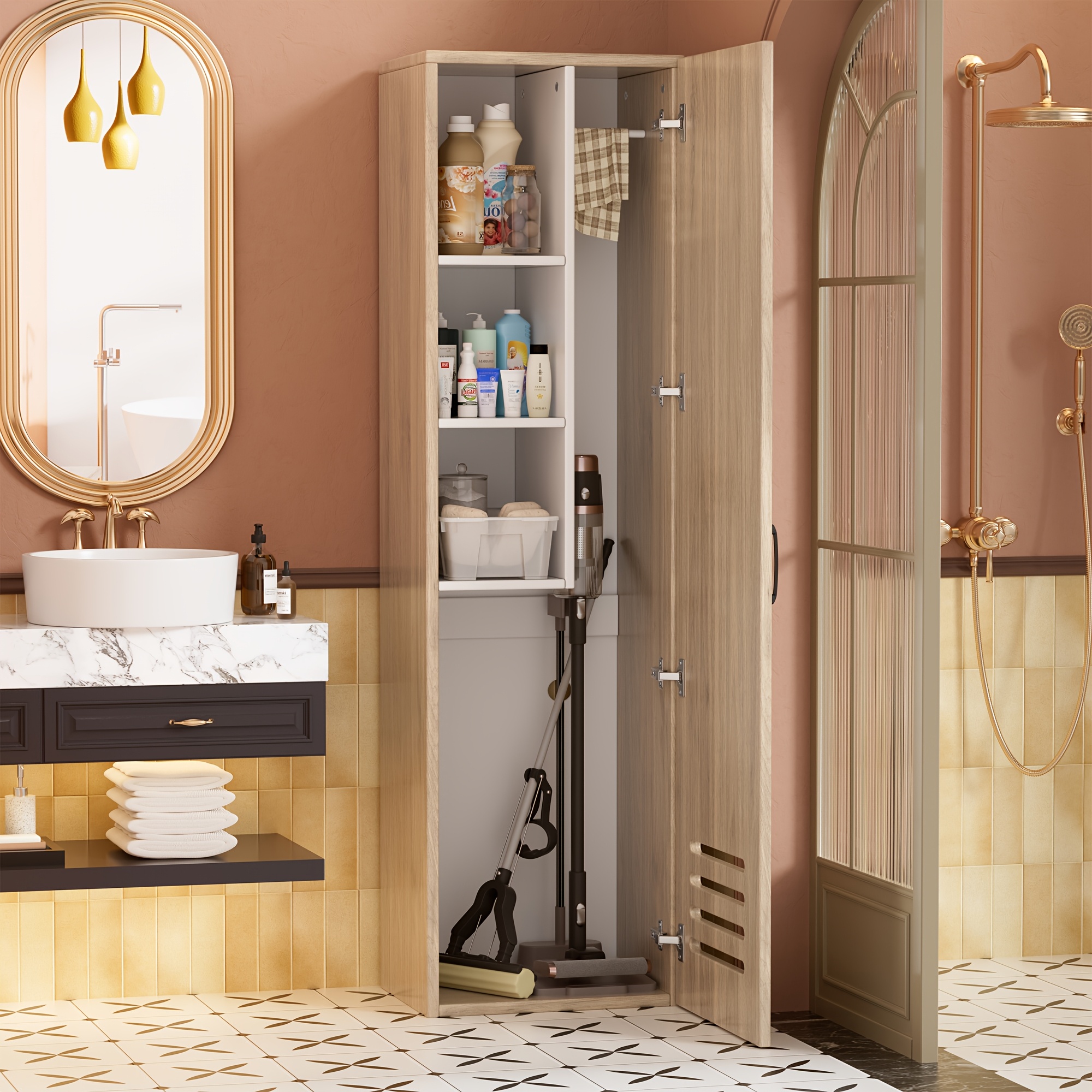 Multi-functional Wooden Cleaning Cabinet | Broom, Tool, And Vacuum Cleaner Storage, 160 X 40 X 30 Cm, Suitable For Bathrooms, , Laundry Rooms, Contemporary Style With 3 Shelves