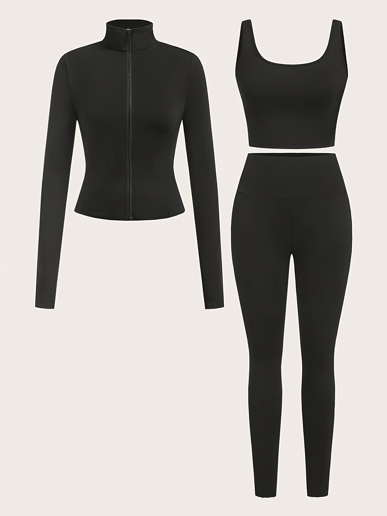 new womens casual athletic 3pcs set with zipper thumb hole long sleeve sports jacket sports tank top and high waist skinny   sports long pants for exercise fitness yoga and casual attire details 1