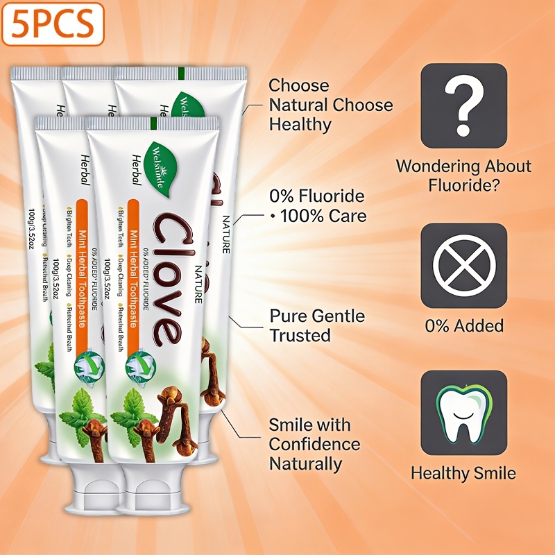 5pcs Clove Mint Herbal Toothpaste with 0% Added Fluoride for Fresh Breath