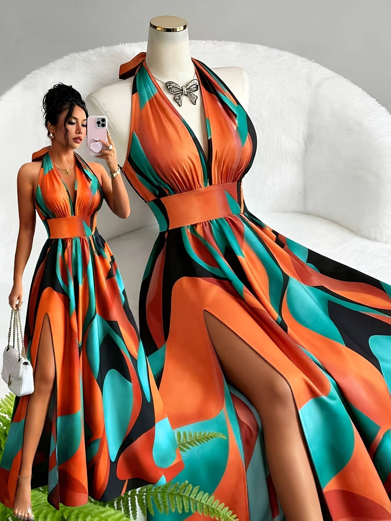 high end summer dresses New * Casual Elegant * High-End *-Neck Backless Spaghetti Strap Waist-* A-Line Slit Sleeveless Long Dress, Red and Green Floral Print, High-Quality Exquisite Women's Clothing size features are High Neck Slit Floral Print