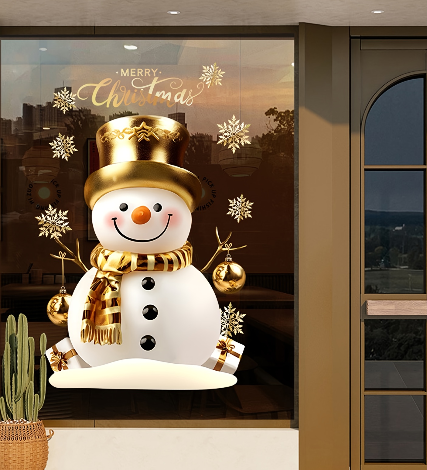 1st Klassieke Sneeuwpop Kerstraamstickers - Dubbelzijdige Elektrostatische Glassticker met Gouden Hoed & Sjaal, Feestelijke Kerstdecoratie voor Thuis & Winkels, Buiten Kerstversieringen