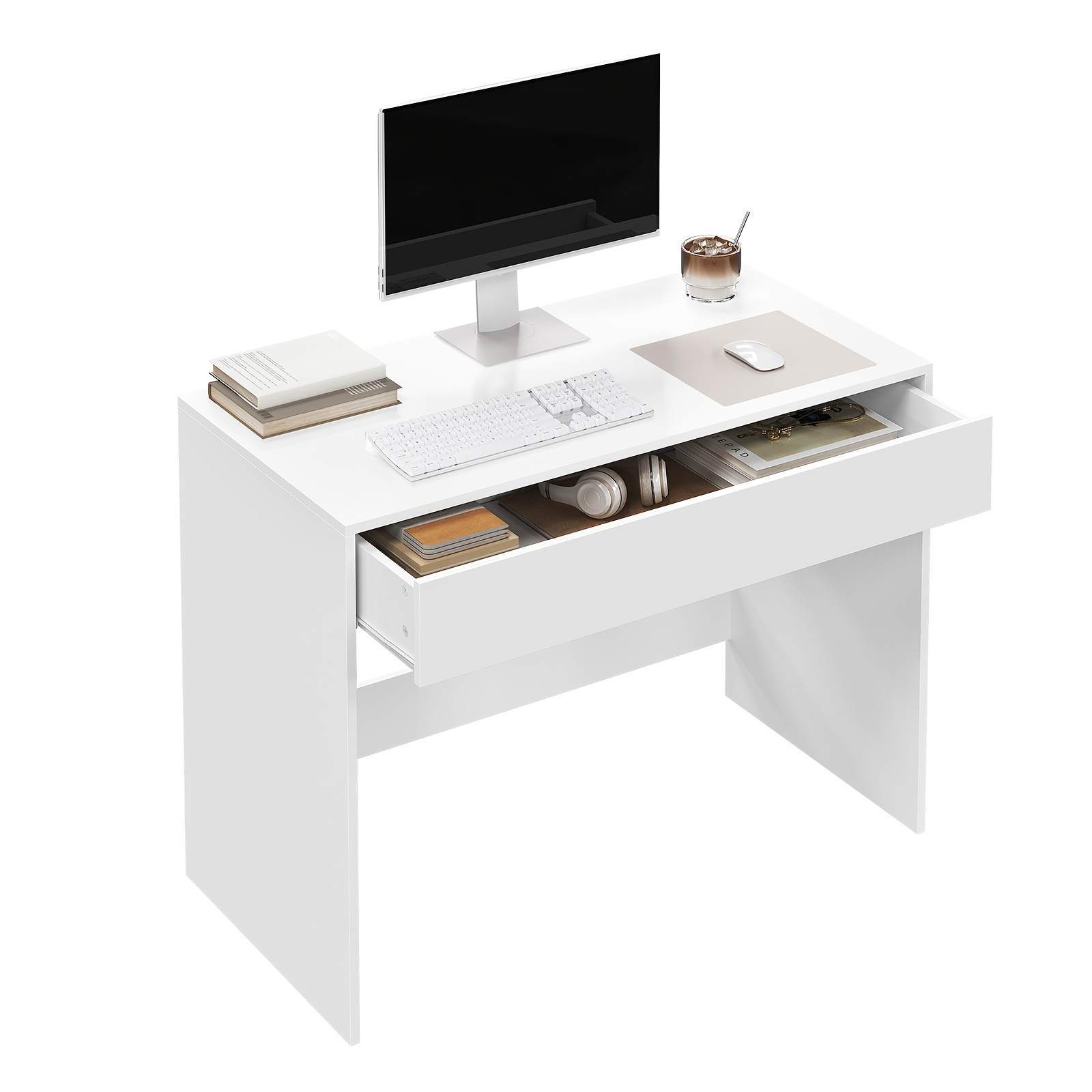 Image of Desk With 1 Large Drawer, Computer Desk, Office Table, H-shaped Reinforcement, Silent Track Drawer, 100x50x75cm, , , Suitable For Bedrooms, Study Rooms, Offices