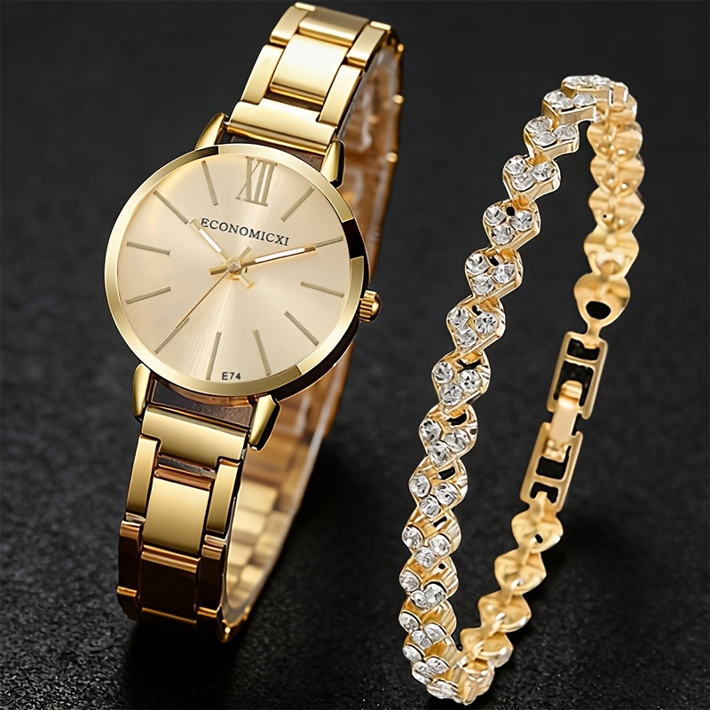 2pcs womens elegant watch heart bracelet gift set quartz watch with matching alloy strap shining bracelet birthday valentines christmas gift for girlfriend wife fashion accessory combo for s