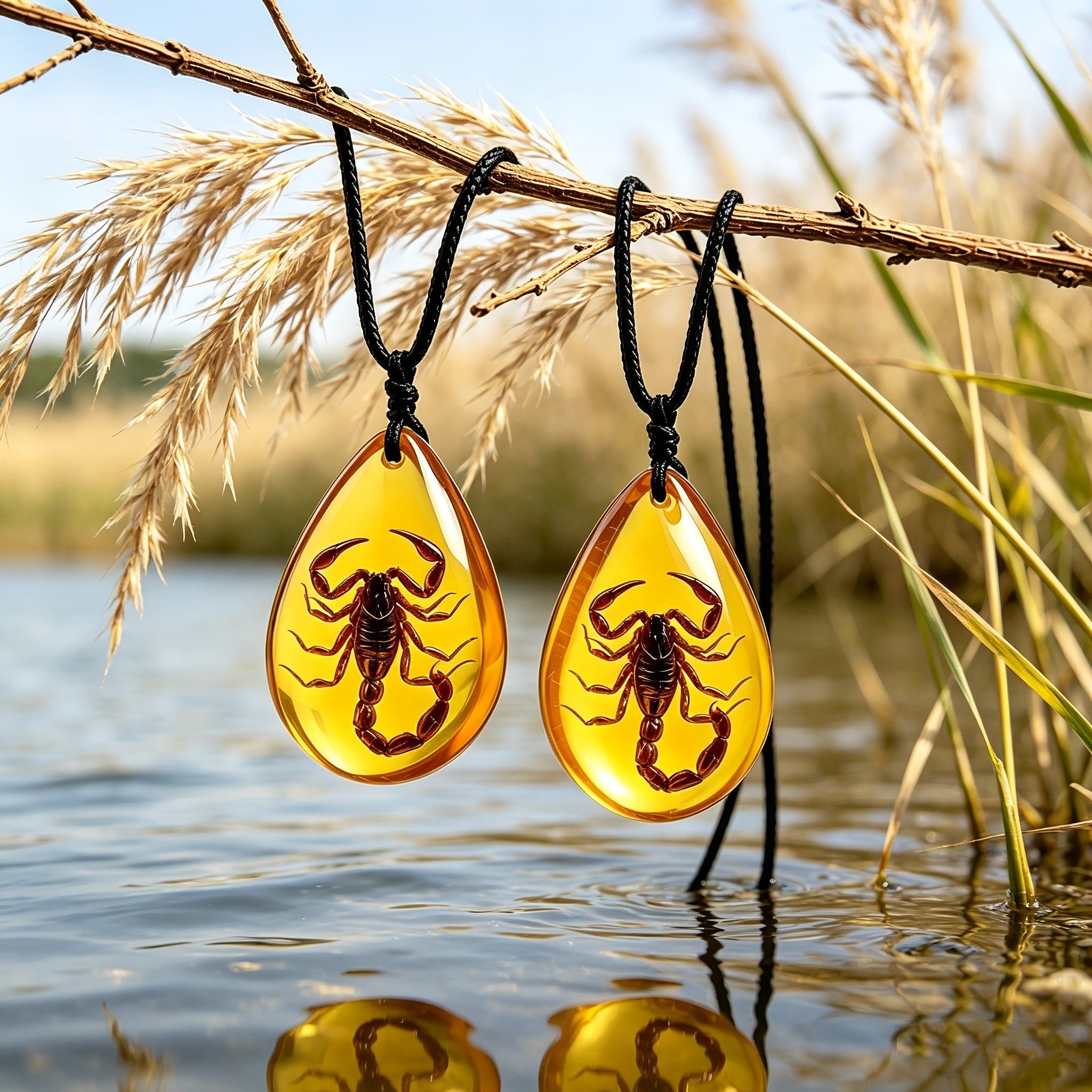 2pcs Imitation Amber Scorpion Pattern Pendant Necklace Set, Unisex