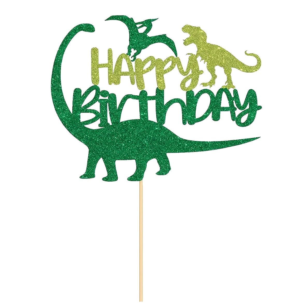 TEMU 1pc Dinosaur Happy Birthday Cake Topper, Green Glitter Jurassic Dinosaur Silhouette Cake Decor For Birthday Party Celebration Supplies
