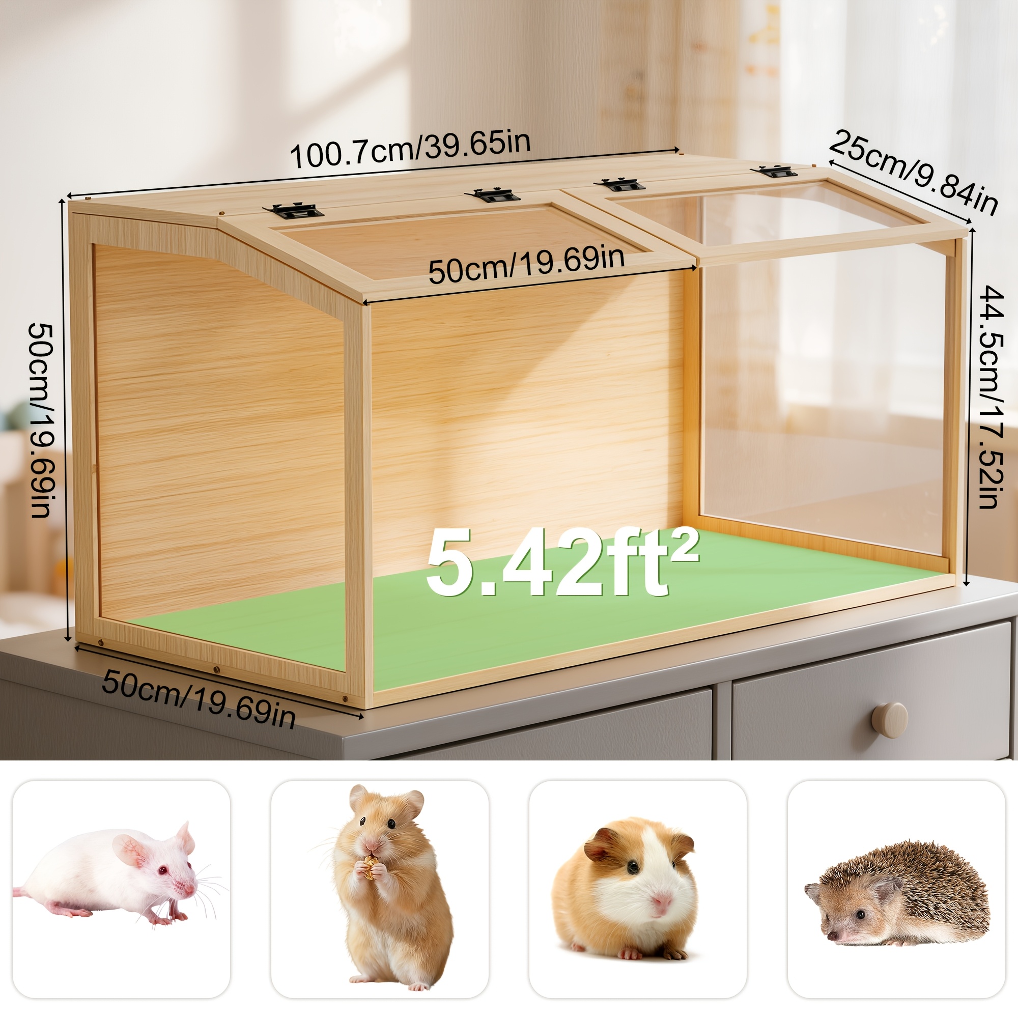 TEMU Extra Large Hamster Cage Double Door Tempered Glass Chew-proof Habitat With Built-in Vents, 100x50x50cm Breeding Box For Hamsters, Hedgehogs,
