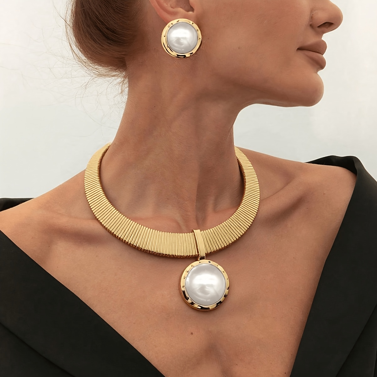 TEMU Set pezzi: Collana larga da donna e unica in stile con pendente a pietra emisferica e set di orecchini a a forma di con pietra intarsiata,