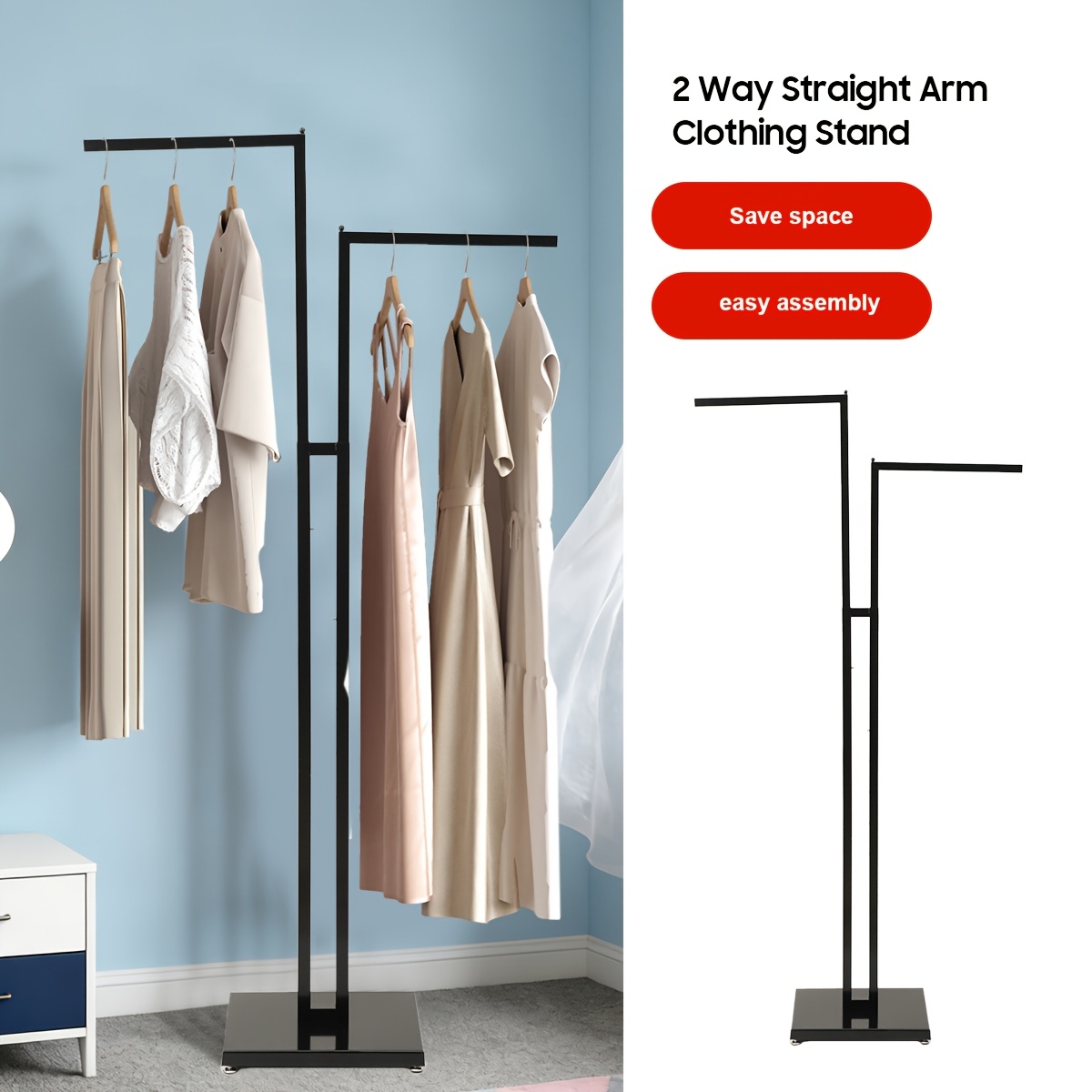 Image of Black 2-way Adjustable Clothing Rack With Straight - Adjustable From 48" To 78" - Great For Retail, Restaurants, And Home Storage