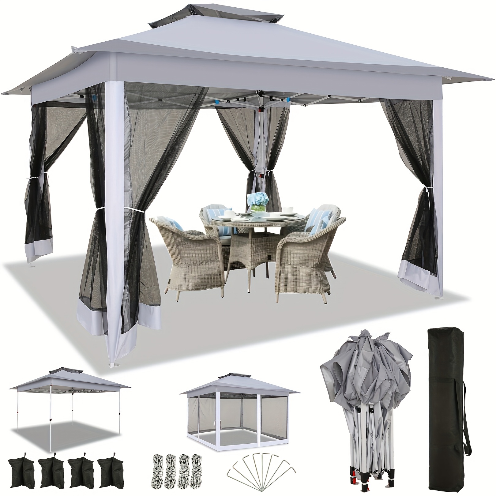 12x12ft   up tent camping tent with 4 detachable mosquito net walls carry bag ground stakes double   height adjustable easy to up outdoor canopy gazebo suitable for beach garden courtyard terrace party wedding