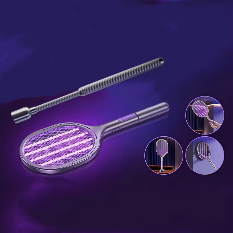 Image of Folding And Retractable 2-in-1 Electric Killer With Built-in Purple Insect Light, Suitable For Indoor Households, Offices For Control. Equipped With A Retractable Pole And Supporting Usb Charging