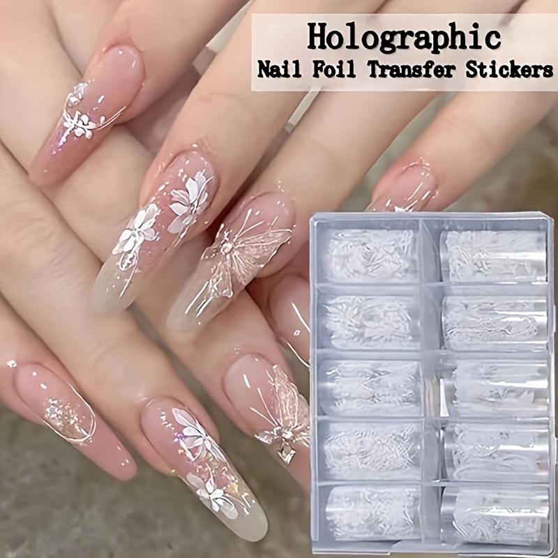 

10 Rolls White Translucent Floral & Nail Art Foil Stickers - , Pre- Plastic Decals, Embroidered Effect, Single Use, Plant & Theme, Irregular Shape, Unscented - Ideal For Women And Girls