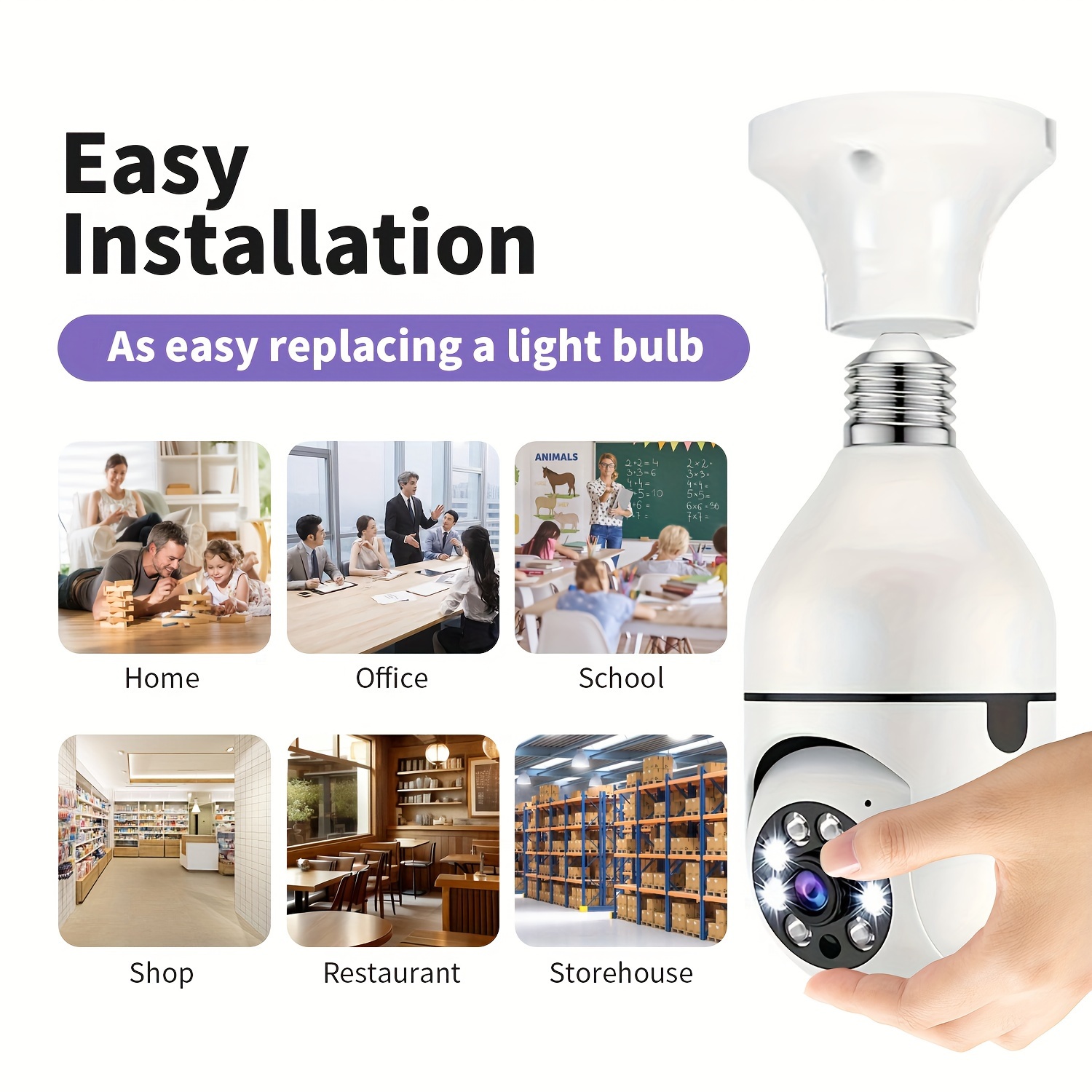 night   e27 bulb security camera with auto tracking 360 panoramic fisheye view two way audio hotspot connection tf card storage sd card not included 110v 220v hardwired indoor surveillance cameras details 4