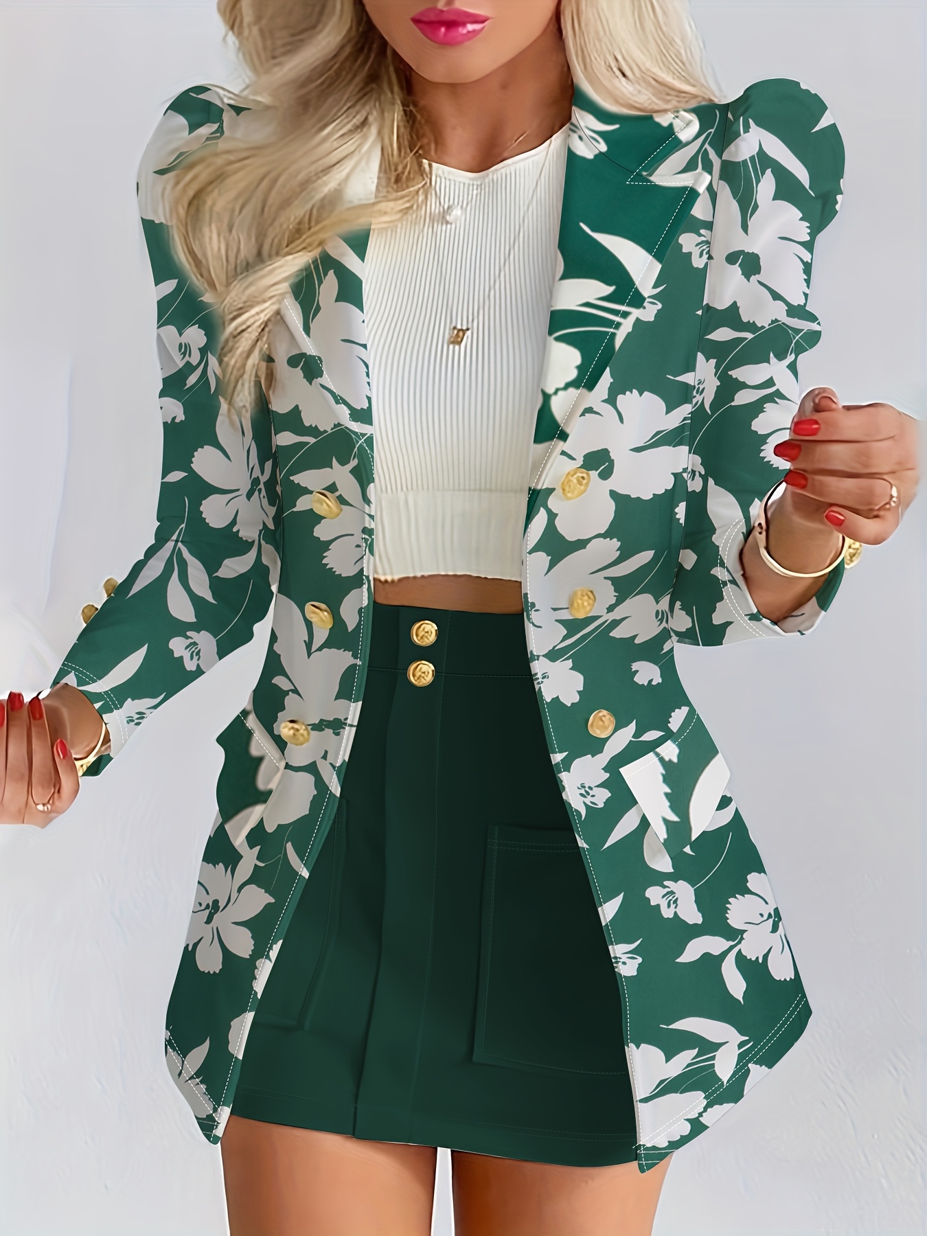 womens elegant floral print two piece suit short skirt long Temu