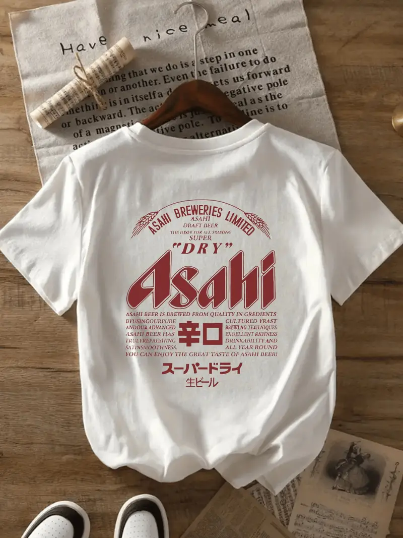 womens vintage japanese beer print t shirt short sleeve crew neck casual top with graphic 95 polyester 5 elastane blend lightweight 200gsm machine washable white with red black lettering Product details 1