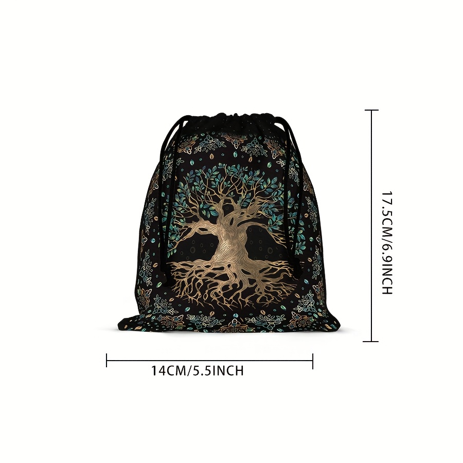 Image of 1pc Tree Of Life Vintage-inspired Drawstring Pouch | High-quality, Reusable Fabric Storage Bag With Intricate Golden & | Ideal For Travel, Fitness, Daily Essentials Cards