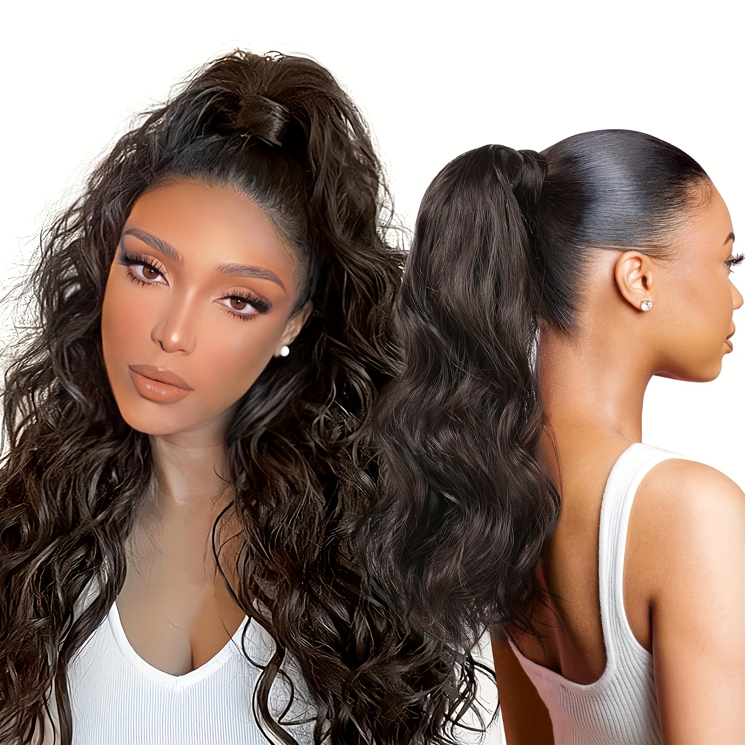 4pcs 16 half up half down ponytail extension set long wavy clip in hair extensions 3 styles in 1   resistant   thick   wrap around ponytail synthetic hairpiece details 0