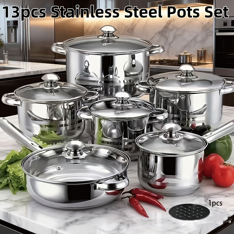 TEMU 13pcs Stainless Steel Cookware Set - Heavy-duty, Rust-resistant Pots & Pans With Lids For Stew, Soup - Dishwasher Safe, Easy Clean, Durable &