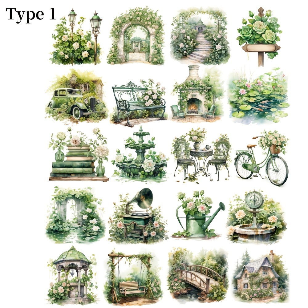 Image of Set Of 20 Handmade Creative Vintage Green Vibrant Garden White Rose Series Stickers For Diary Decoration, Stickers For Notebook And Planner Diary Stickers, Magazine Decoration
