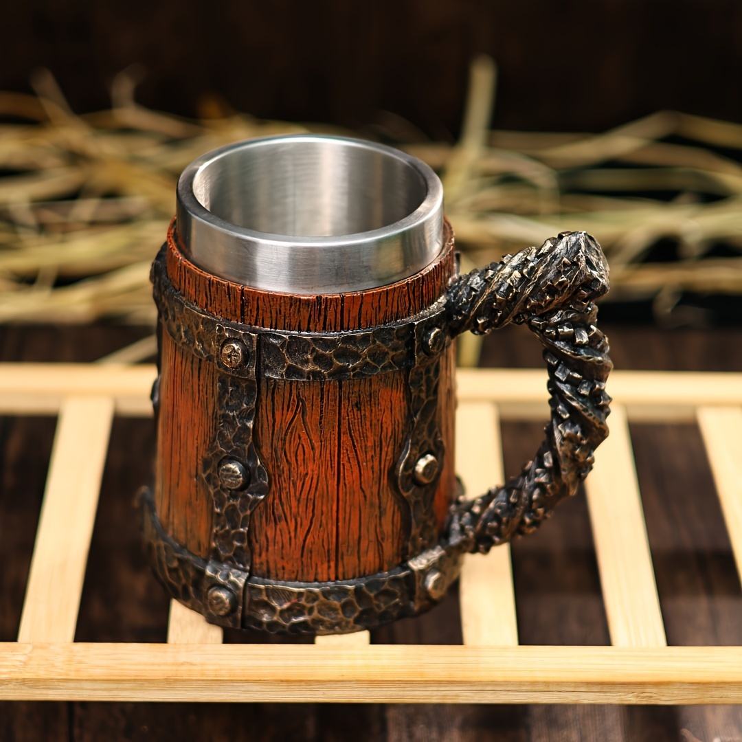 vintage 600ml large capacity barrel stainless steel coffee mug handcrafted wood like   with striped pattern insulated reusable metal beer   for home use ideal for christmas halloween easter thanksgiving fathers day gifts details 1