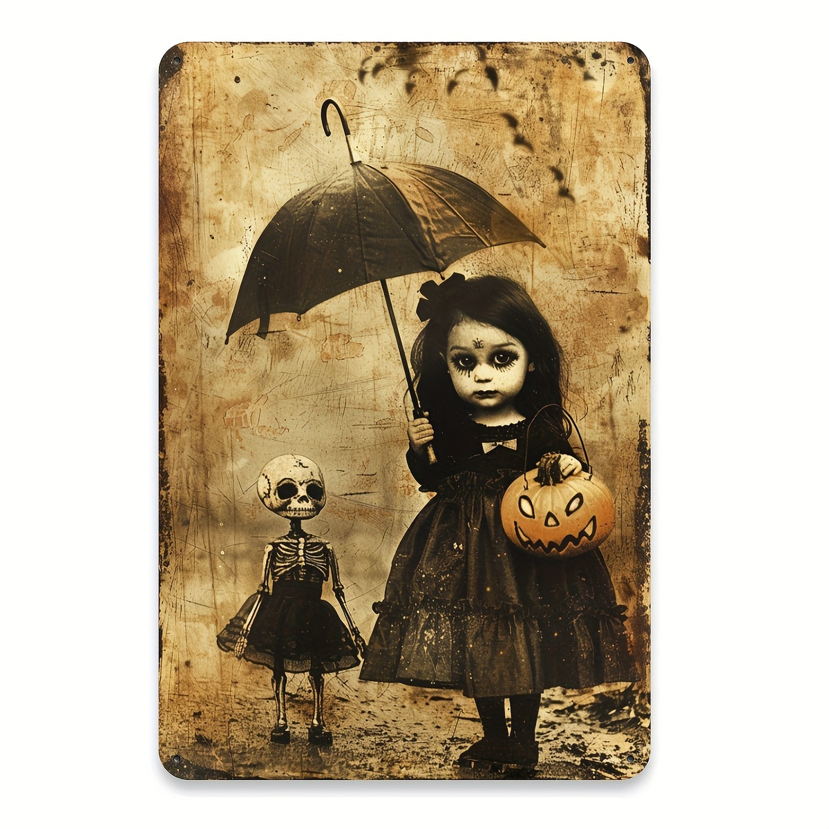 

Vintage Halloween Pumpkin & Little Girl Metal Tin Sign - 8x12 Inch, Iron Wall Art For Home, Garden, Or Cave Decor